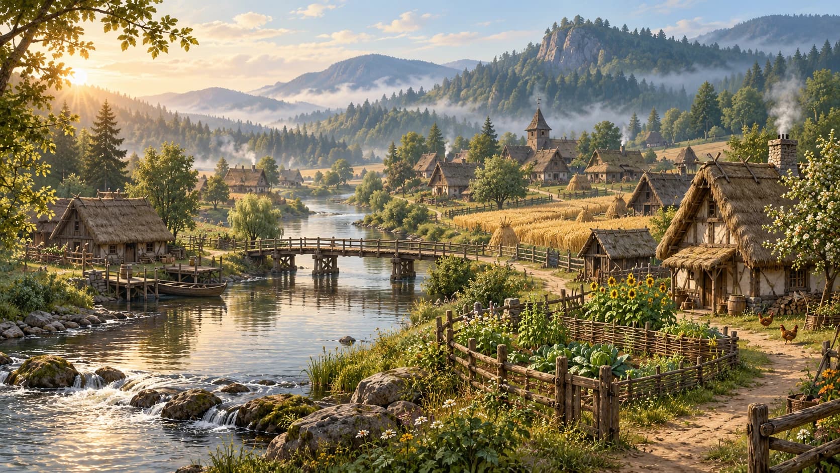 Original illustration of a medieval farming village among fields and forest